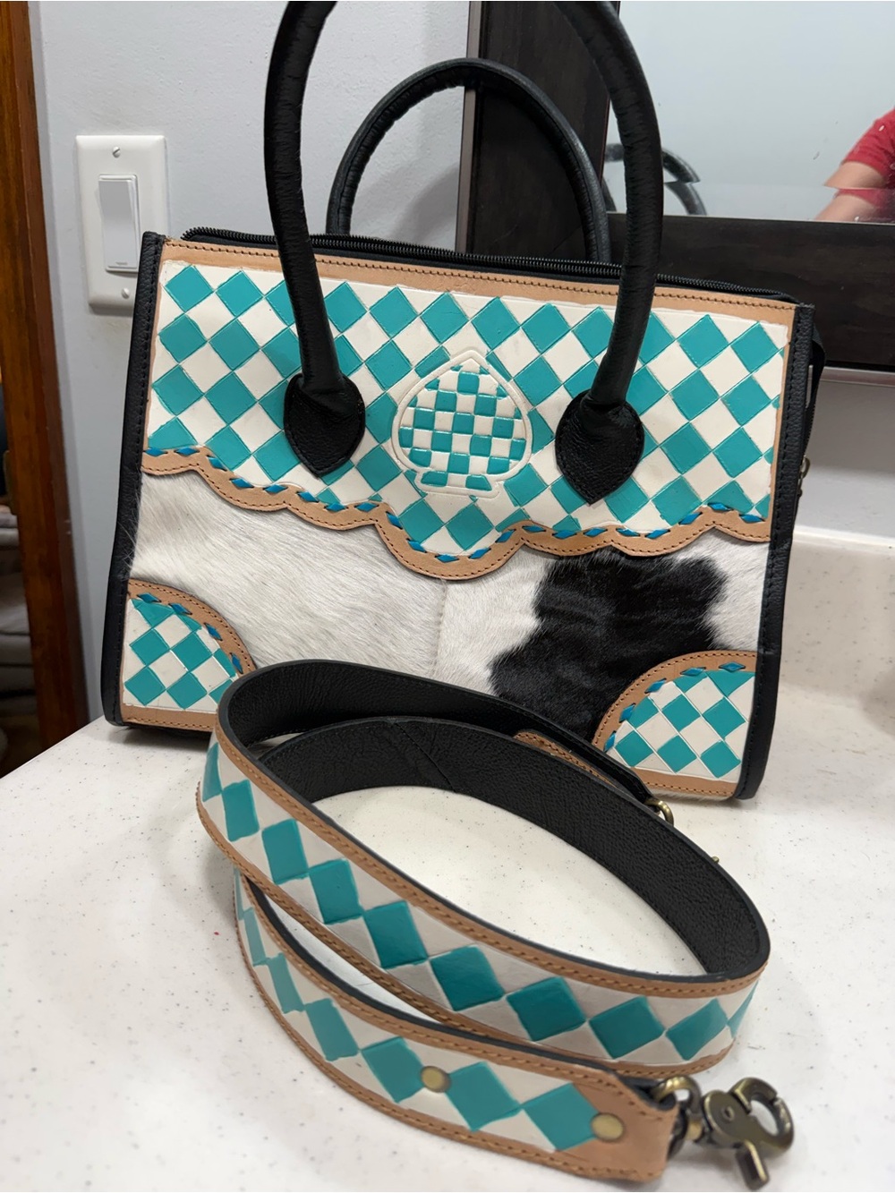 Teal Checker Pattern Satchel Handbag with Black Trim and Genuine Cowhide
